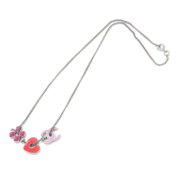 Chanel Jewelry - Pre-Loved Chanel CC Silver Plated Enamel Heart and Clover Charm Pendant Necklace
